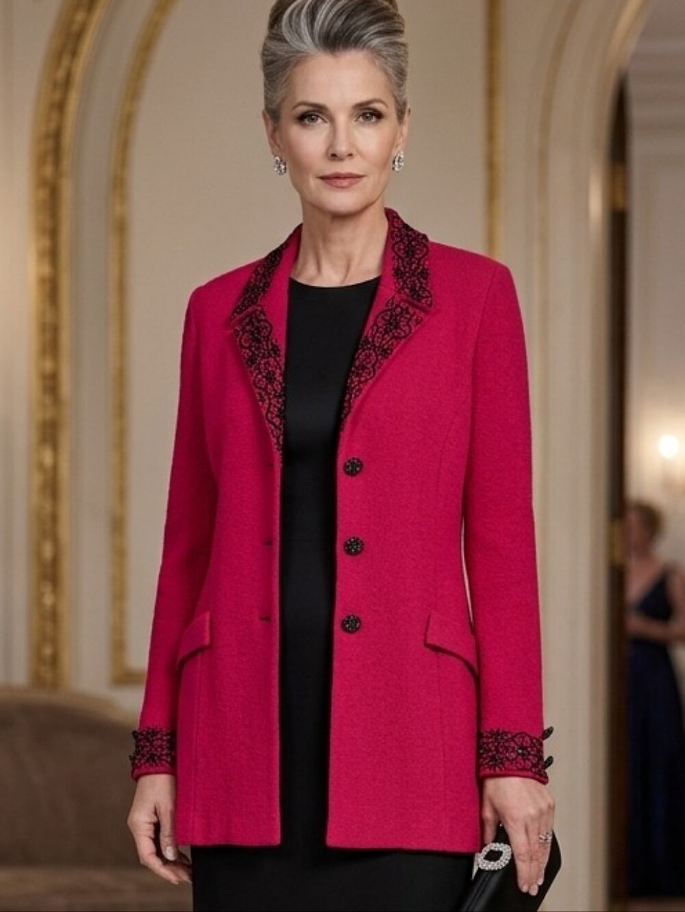 St. John Evening Marie Gray Red Knit Embellished Blazer Jacket